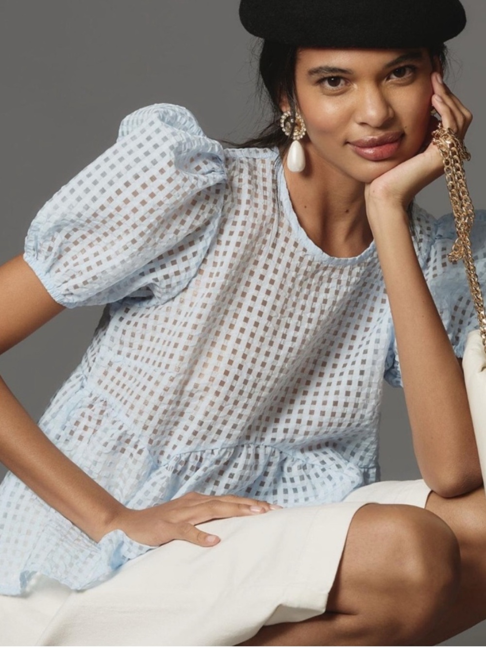 Anthropologie Maeve light blue sheer puff sleeve baby doll top - Picture 2 of 7